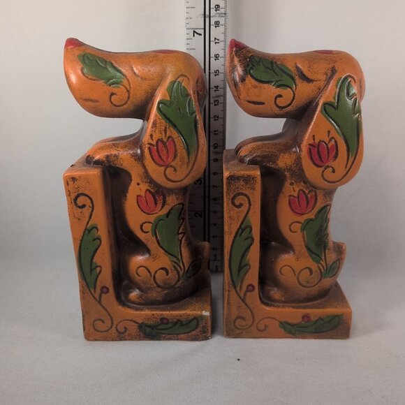 VTG 1950s Ceramic Arnart Creations Dachshund Japan Bookends Orange Rose Floral - Picture 7 of 10